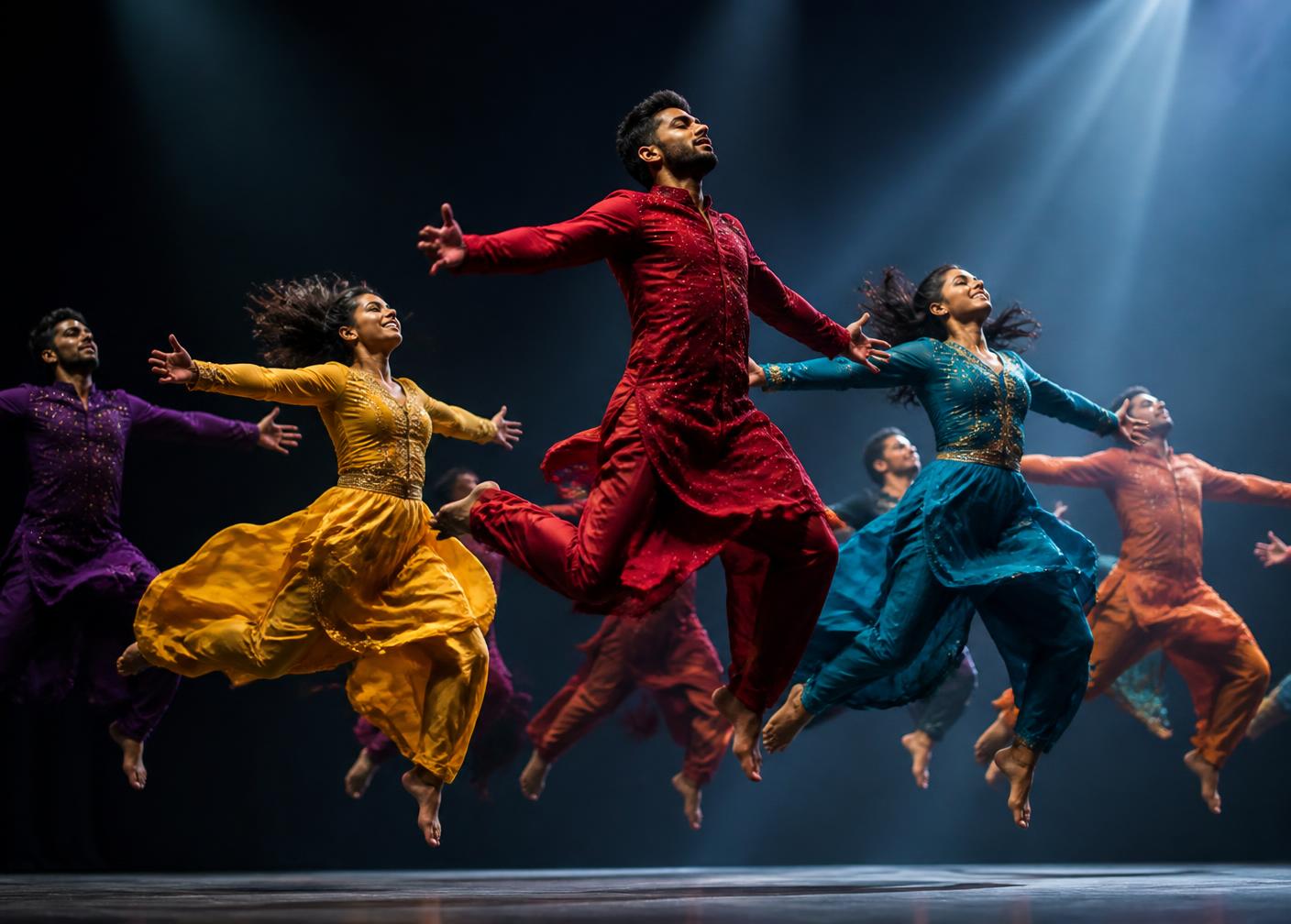 Dance troupe mid-leap in colourful costumes on stage